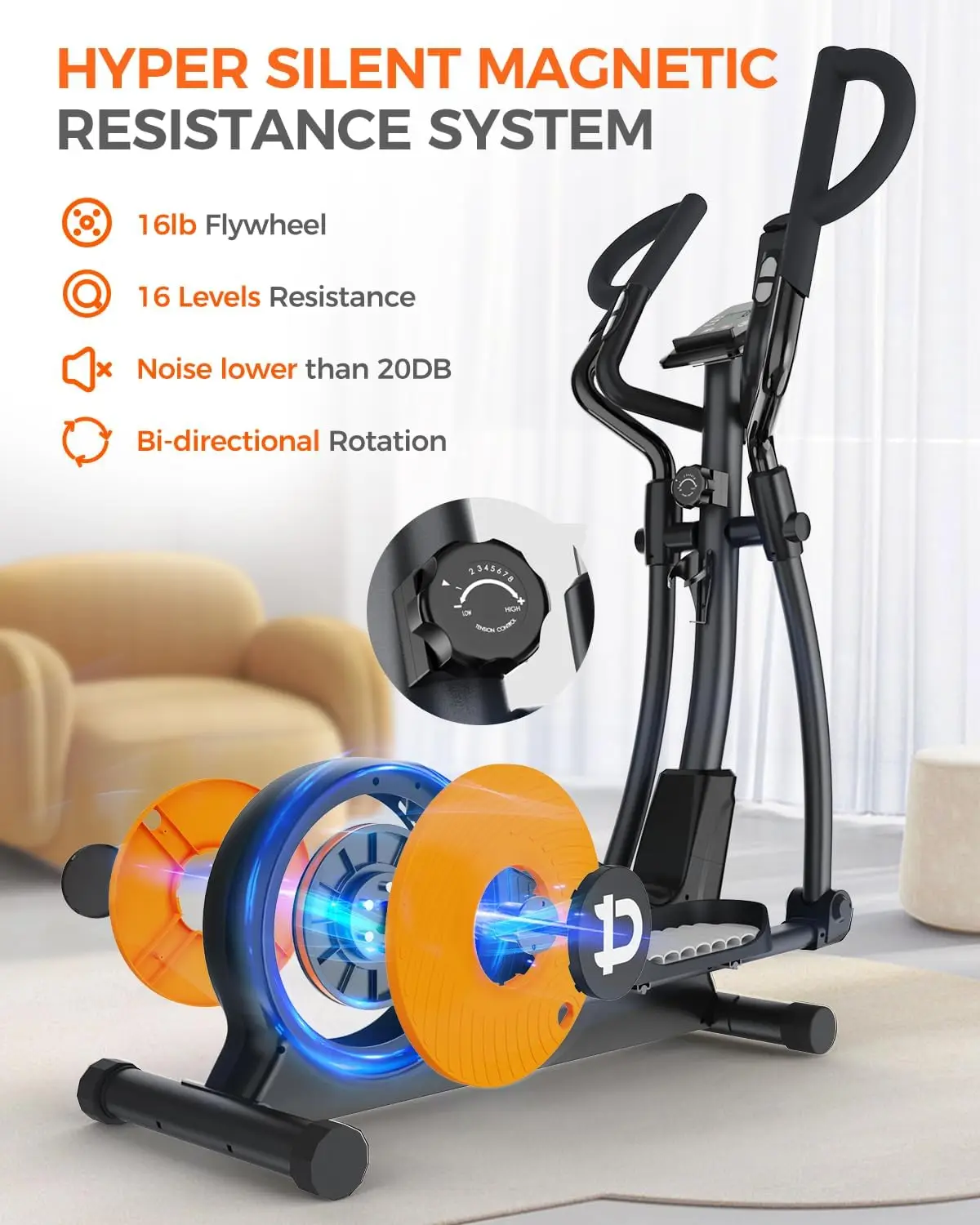 Machine, Elliptical Exercise Machine with 16-Level Resistance&Hyper-Quiet Magnetic Driving System, Elliptical