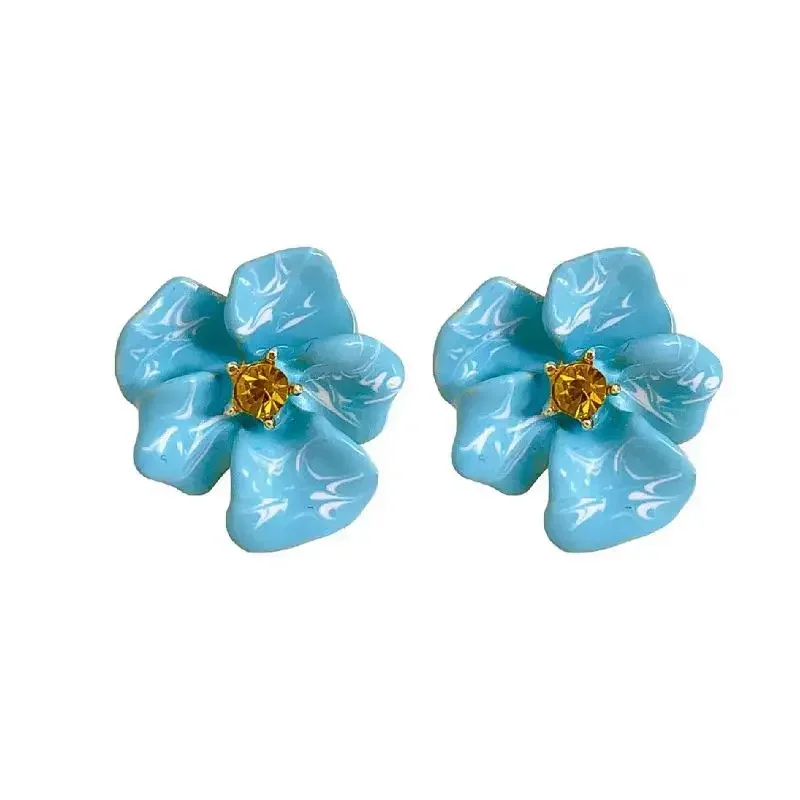 

Real 925 Sterling Silver Zircon Enamel Flower Stud Earrings for Women Vintage Plant Fine Jewelry Light Luxury Accessories
