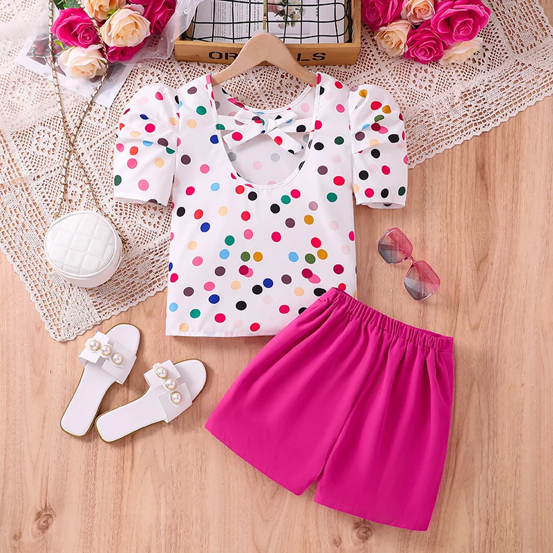 2024 New Summer White Polka Dot Top & Rose Shorts Sweet Vacation Party Daily Casual Fashion For 8-12Ys Girl Outfit