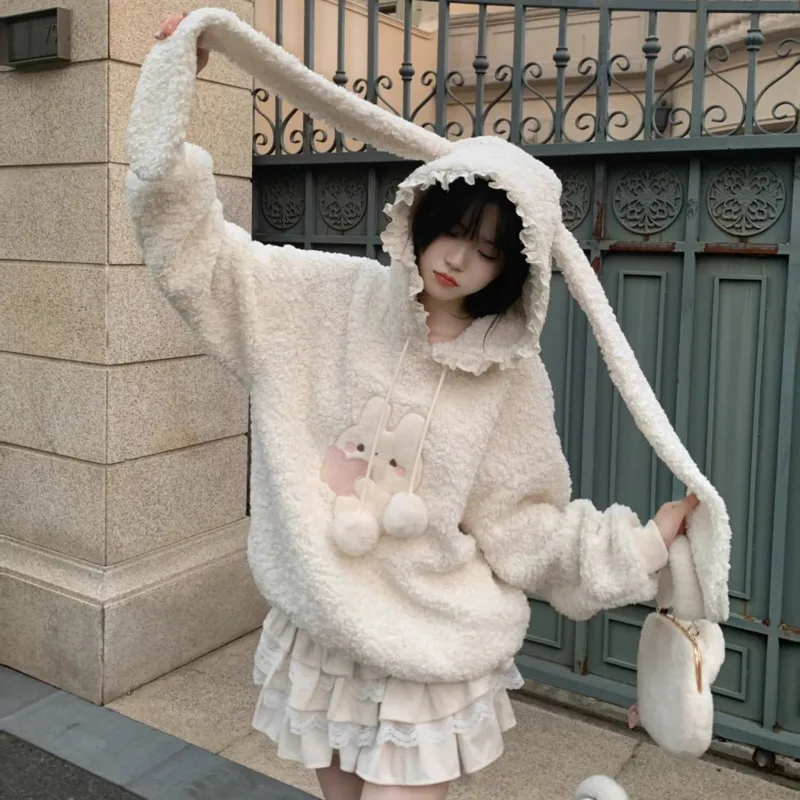 Winter Women Lace Edge Long Rabbit Ears Hoodies Y2k Harajuku Cute Thicken Fleece Hooded Sweatshirts Rabbit Embroidery Pullovers