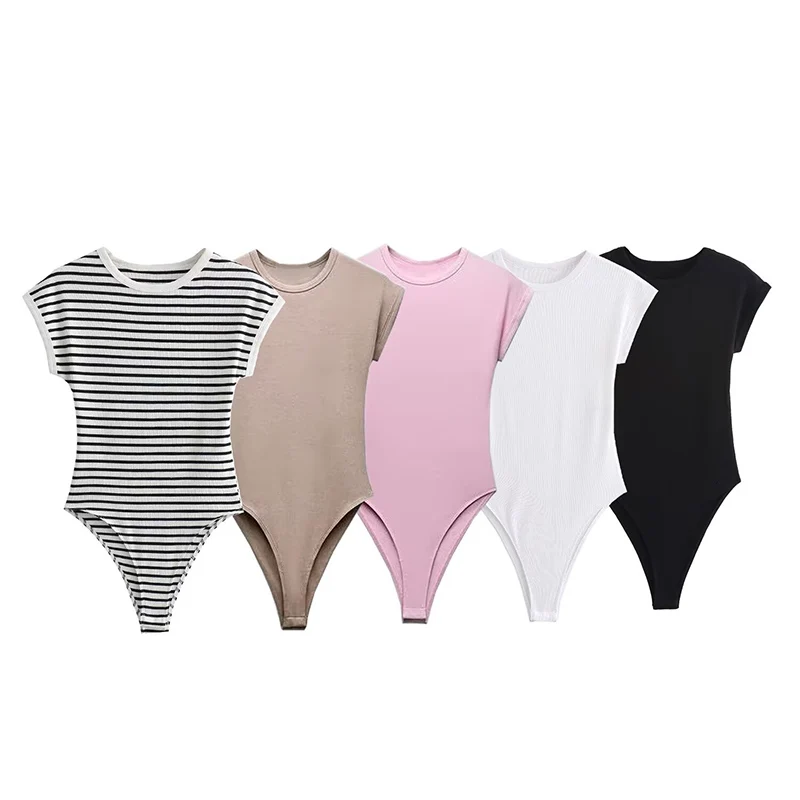 Summer O-Neck Short Sleeve Ribbed Knitted Bodysuit Women Back Button Up Slim Fit Jumpsuit Female Sexy Beach Style Wear 2025 New