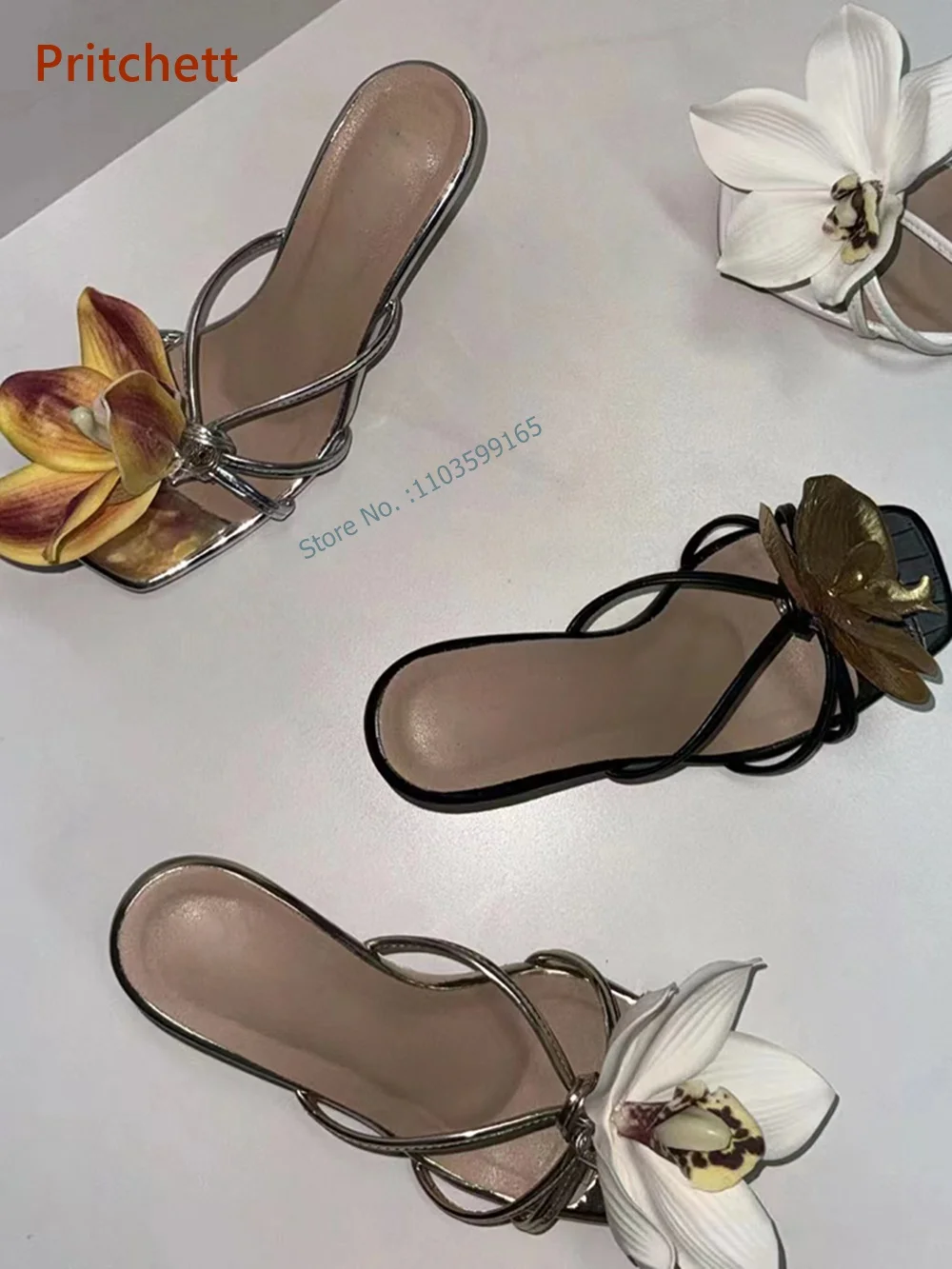 Flower Kitten Heels Slippers Square Toe Slingback Slip On Twist Stiletto Shoes Mixed Color Summer Lovely Vocation Party Shoes