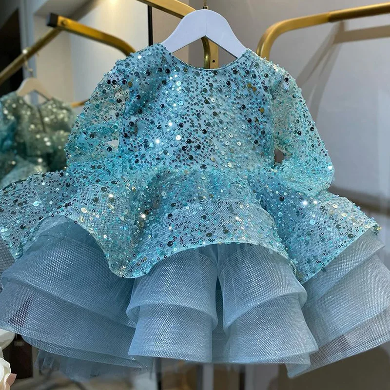 Baby & Toddler Girl Princess Dress Blue Sequin Tulle Tutu for Birthday Party Sparkling Sleeveless Gown Kids Dresses for Girls