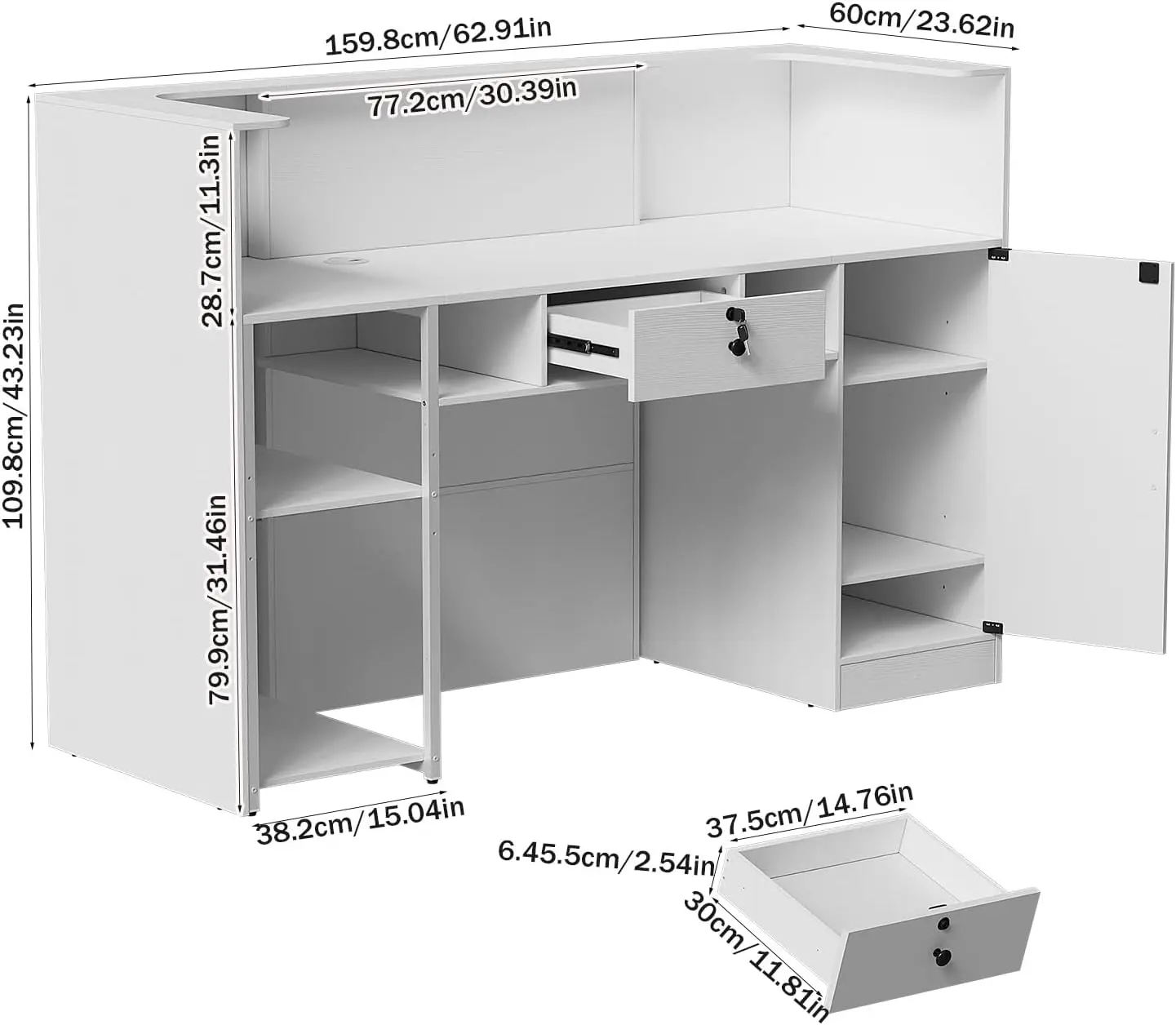 Escritorio de recepción moderno con cajón Bloqueable, escritorio frontal con luces LED RGB, mesa de mostrador grande, 63 pulgadas