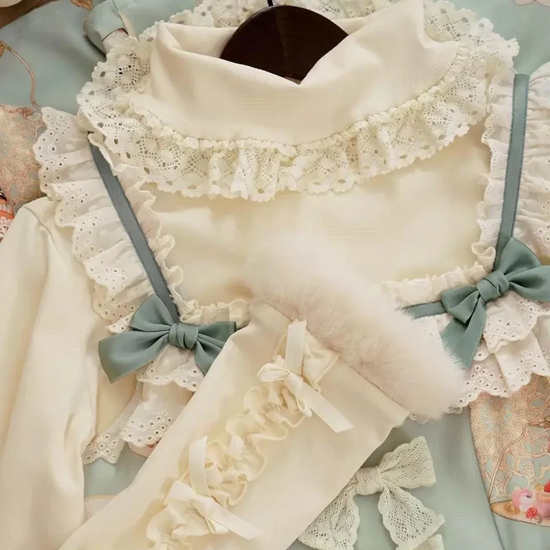 

Japanese Sweet Lace Ruffles Turtleneck T-shirts Women Y2k Plush Bow long sleeves Slim Tops Lolita Style Base Layer Cute Tee CD