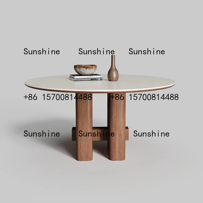 

TS Retro solid wood travertine dining table round with turntable household modern simple rock slab round dining table
