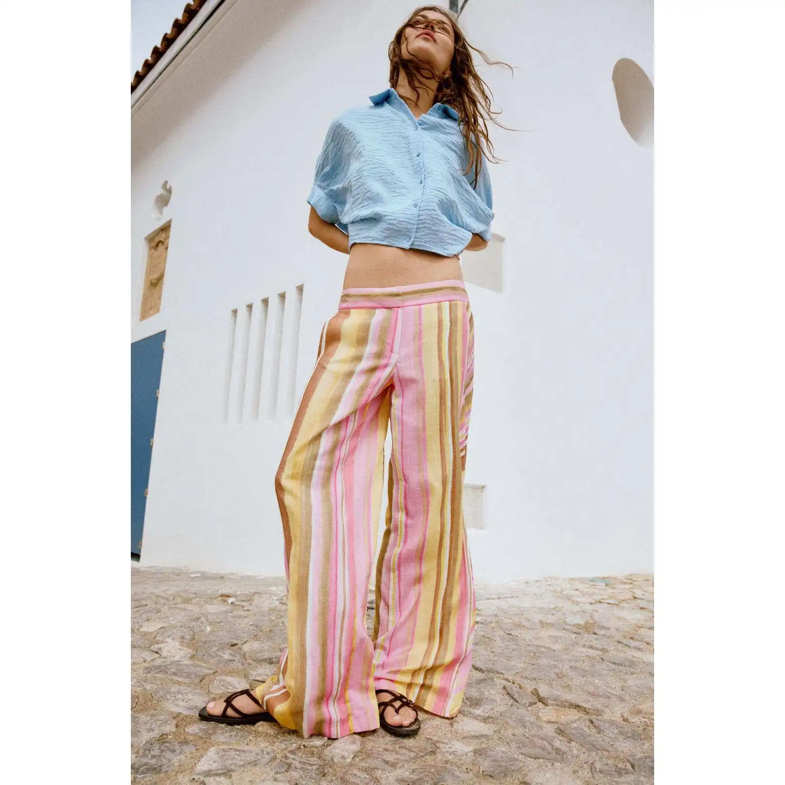 Fashionable Striped Wide Leg Pants Women's Casual High Waist Polyester Fiber Personality Match All RS Elegant New Arrival 278...