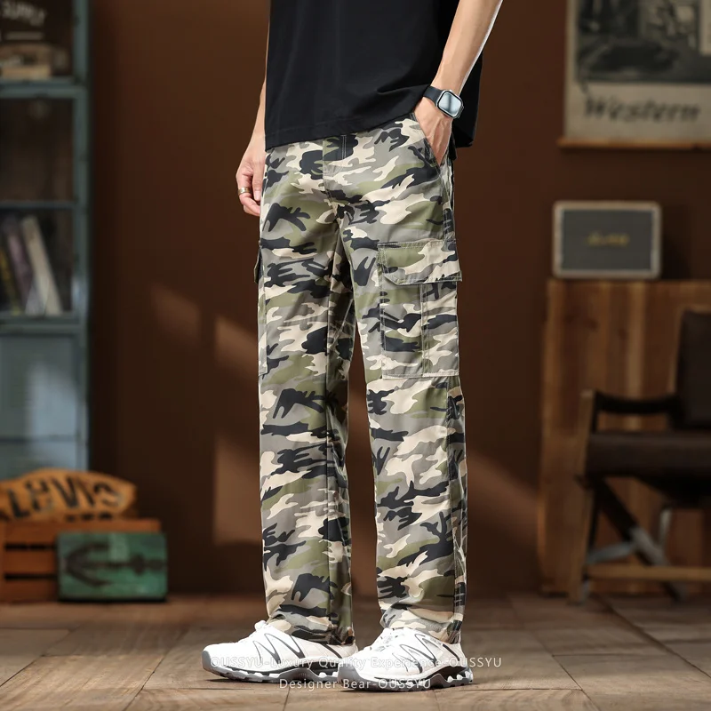Spring Summer Men's Camo Cargo Pants Elastic Waist Baggy Straight Trousers Outdoor Tactical Work Desert Camouflage Pants Man view 6