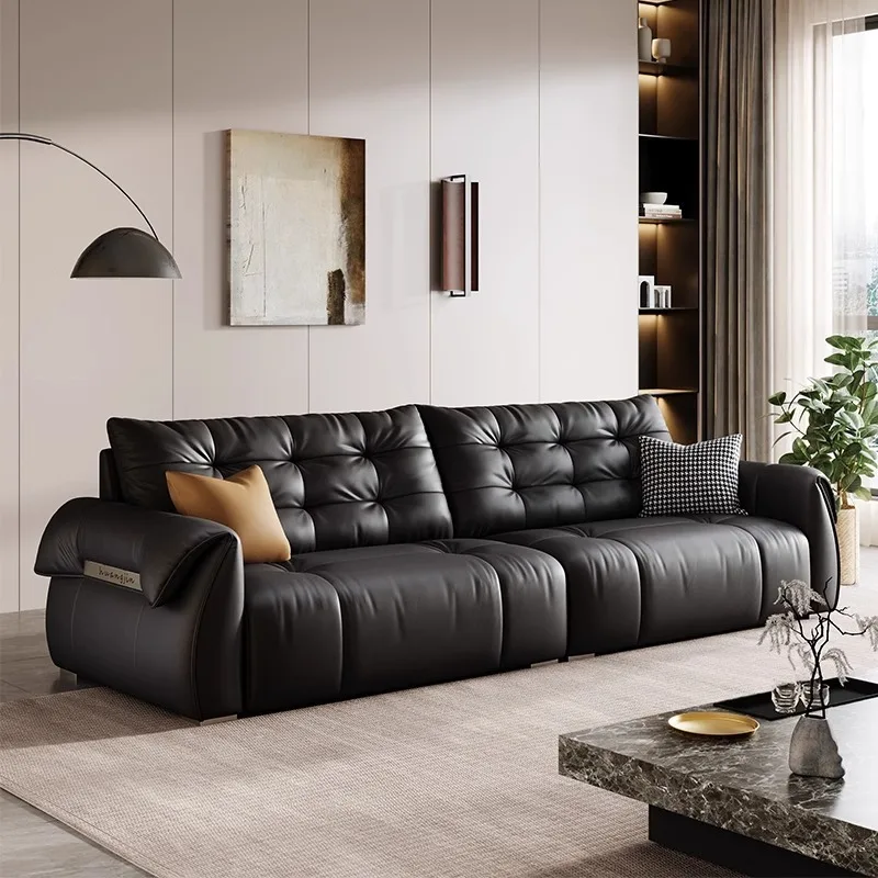 Italian Minimalist Retro Swan Genuine Leather Sofa, Black Top Grain Cowhide, Mid-Century Luxury Straight Set for Living Room