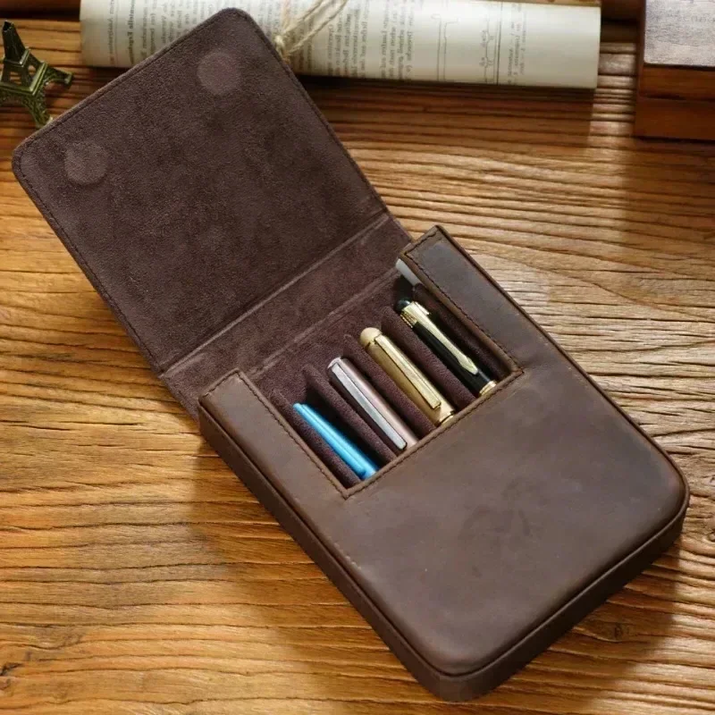 B-M Crazy Horse Leather Pen Box Handmade Magnetic Drawer Style Student Pen Bag Storage Box Office Student Supplies