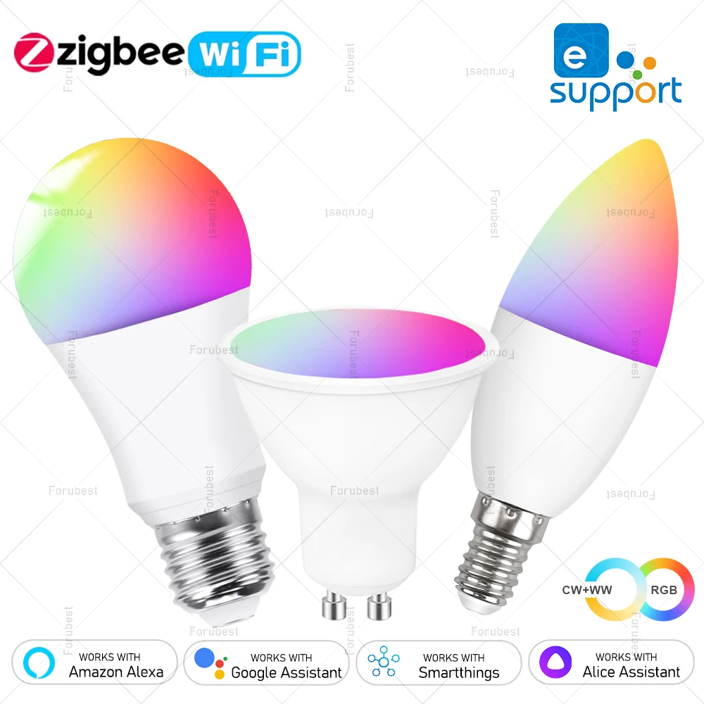 

EWelink E27 GU10 E14 Лампа Wi-Fi Zigbee, светодиодная лампа с регулируемой яркостью 3000K-6500K RGB, умные светодиодные лампы, прожектор свечи для Alexa Amazon