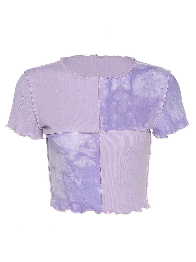 Women's Chic Crop Tops with Sequin Patchwork, Tie Dye Tees, Ruffles Hem, Purple or Blue Clothes, Summer