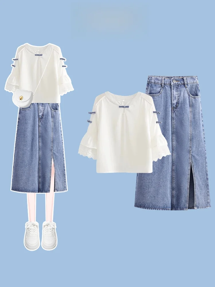 Anti-Aging Summer White Short Sleeve Shirt And Denim  Skirt Set Women's Fashion Ensemble round Neck Button-Up Shirt