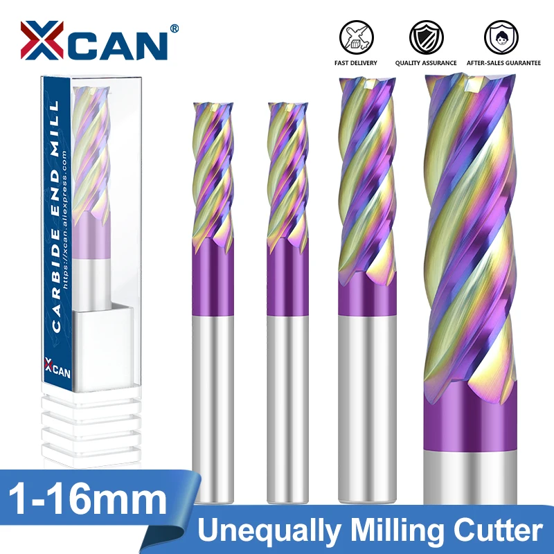 XCAN 4 Flute Milling Cutter with Unequally Spaced Teeth HRC65 CNC Router Bit 6-16mm Carbide Unequal Endmill CNC Milling Tool