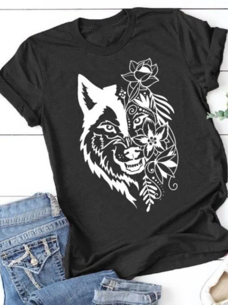 Wolf Head Floral Print T Shirt Women Short Sleeve O Neck Loose Tshirt Summer Women Tee Shirt Tops Camisetas Mujer