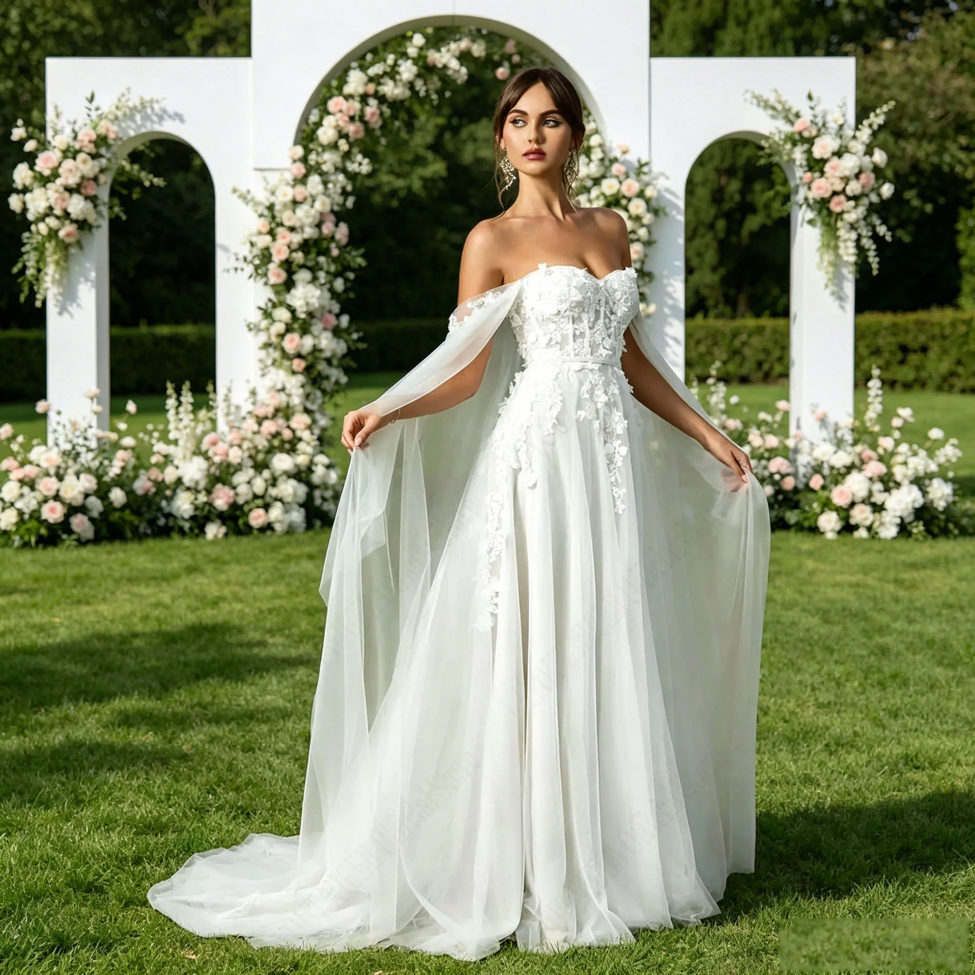 Wedding Dress with Removable Off Shoulder Romantic A-line Tulle Applique Bride Gown Sweetheart Elegant robe de mariée Customized