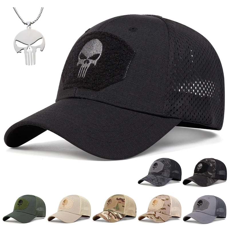 Skull Mesh Camouflage Baseball Cap Trucker Hat Tactical Operator Caps Outdoor Breath Sun Hats with Skull Necklace