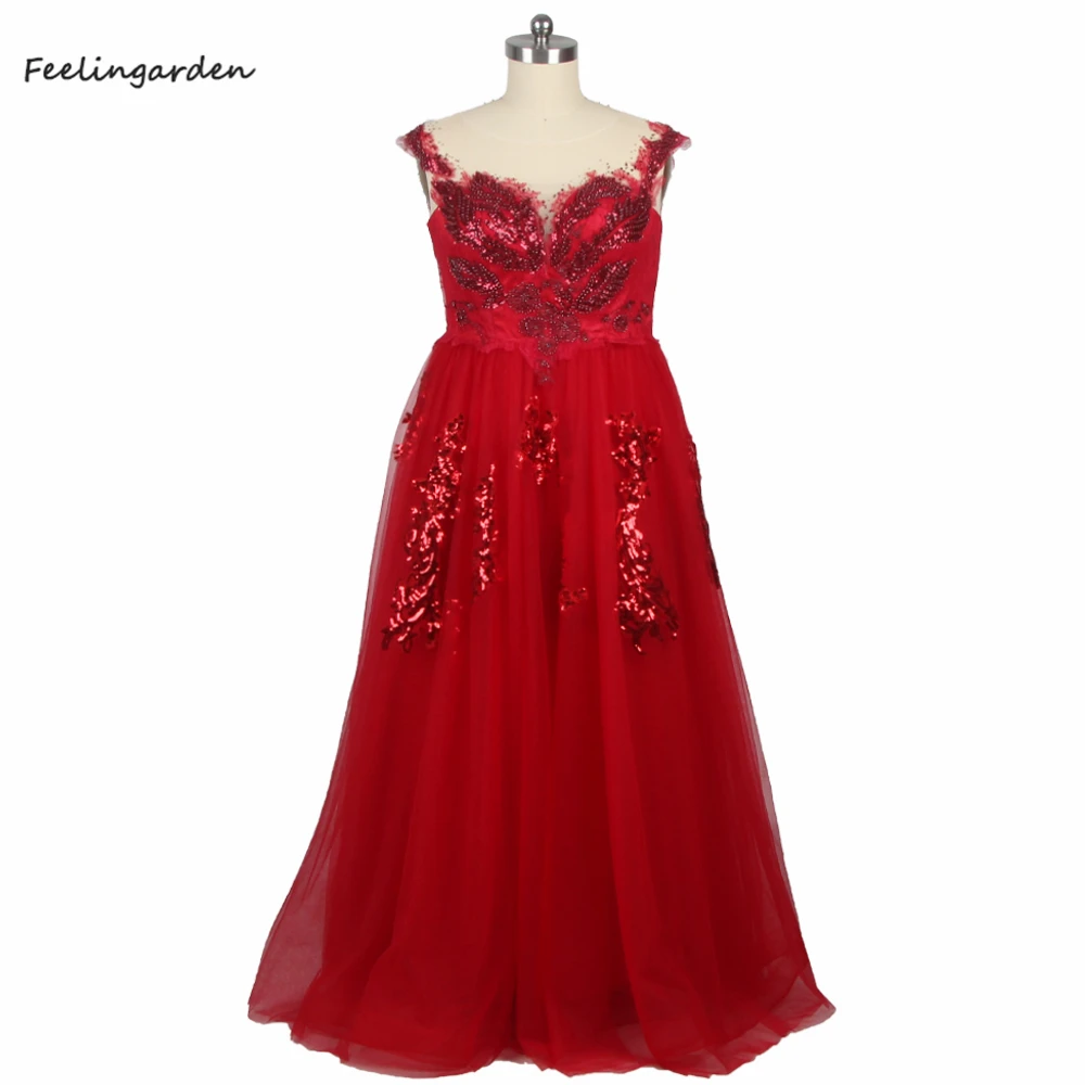 

Feelingarden Evening Dress Burgundy Beading Robe De Soiree Boat Neck Women Party Dresses A-line Plus Size Evening Gowns E658