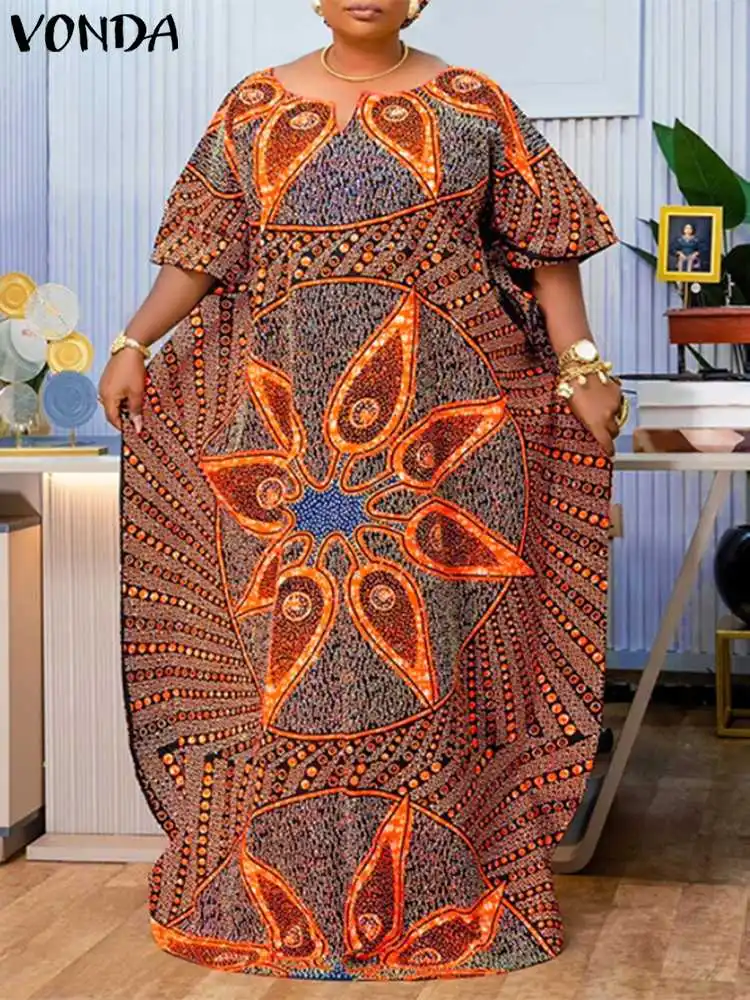 VONDA Plus Size Long Maxi Dress Women Bohemian Elegant Printed Party Sundress 2024 Autumn Bat-wing Sleeve Vestido Casual Robe