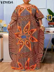 VONDA Plus Size Long Maxi Dress Women Bohemian Elegant Printed Party Sundress 2024 Autumn Bat-wing Sleeve Vestido Casual Robe