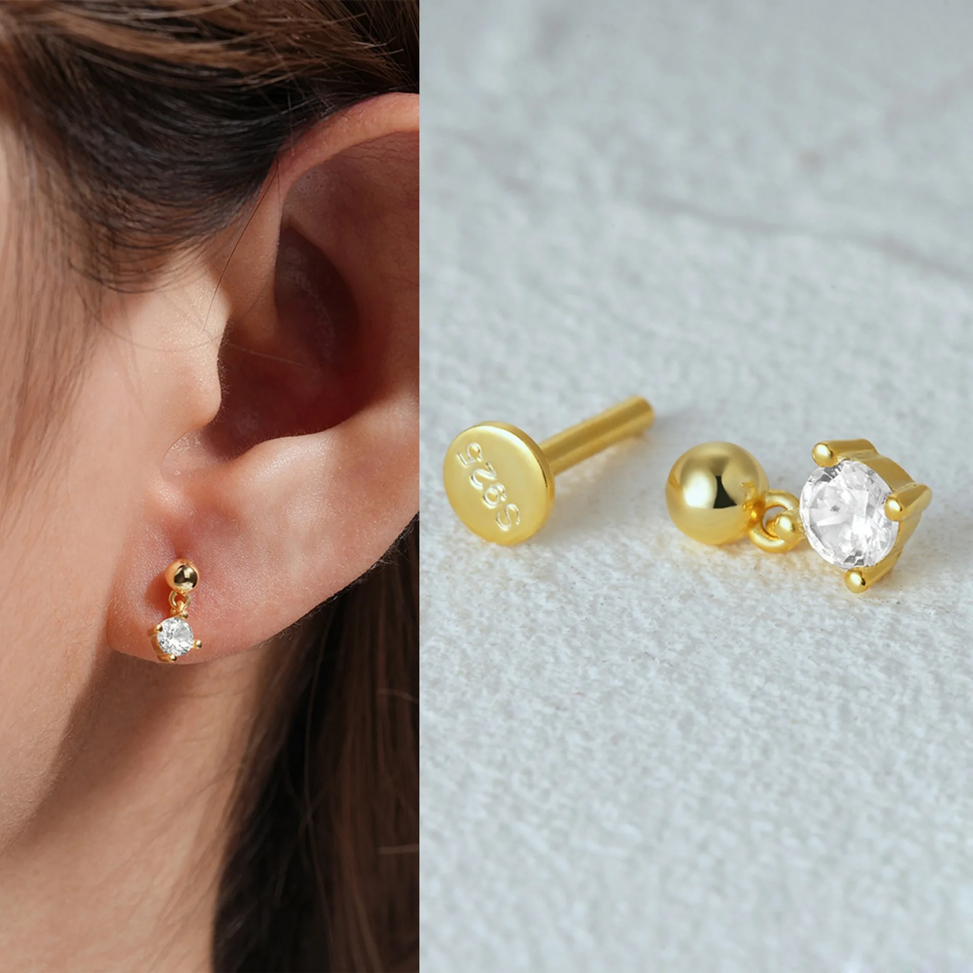 

Серебряный кулон S925, серьги-хрящи с квадратными бриллиантами, серьги-гвоздики с резьбой, модные высококачественные плоские серьги