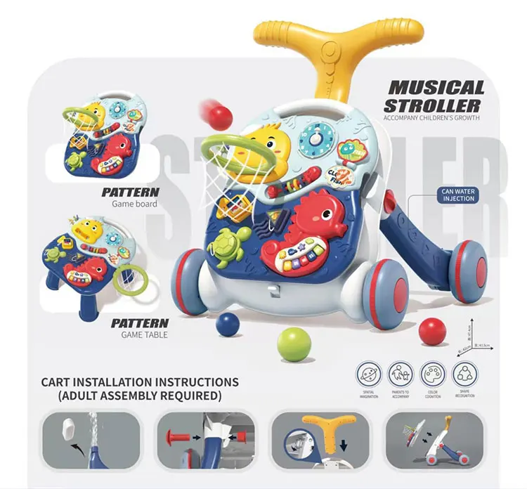 Baby Walker With Wheel Sit-To-Stand Hand Push Learning Walker Basketball Stroller Music Multifunctional Kids Educational Toys