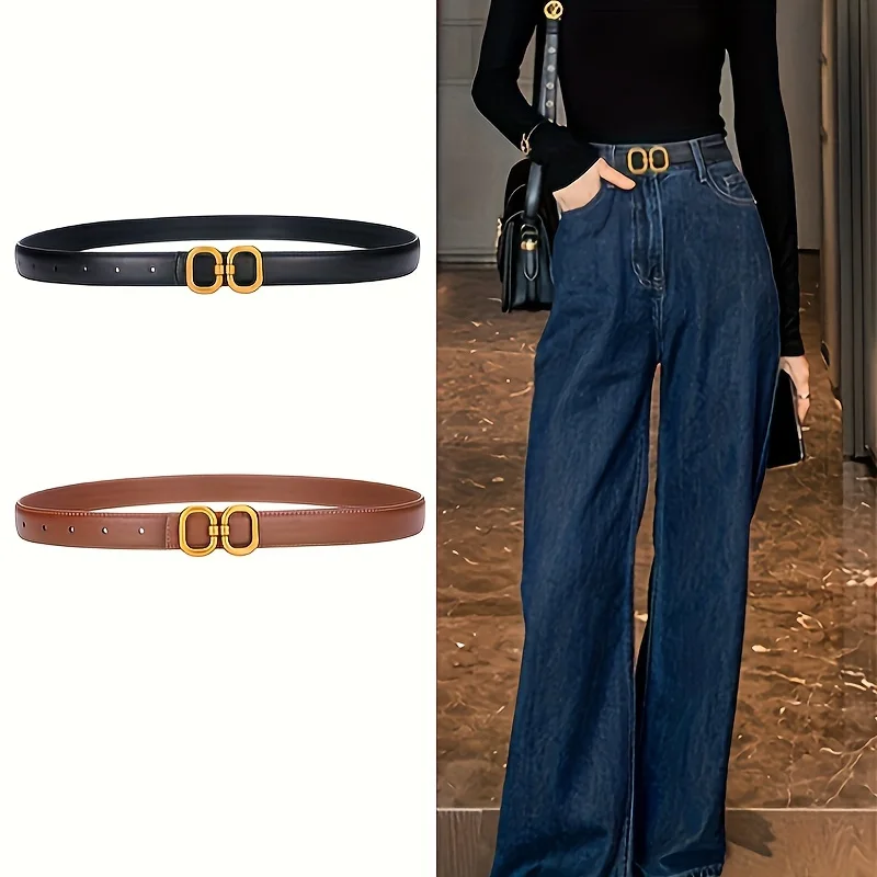 

Vintage Women's Belt with Double Oval Buckle, Solid Color Genuine Leather Waistband for Casual Jeans and Daily Wear