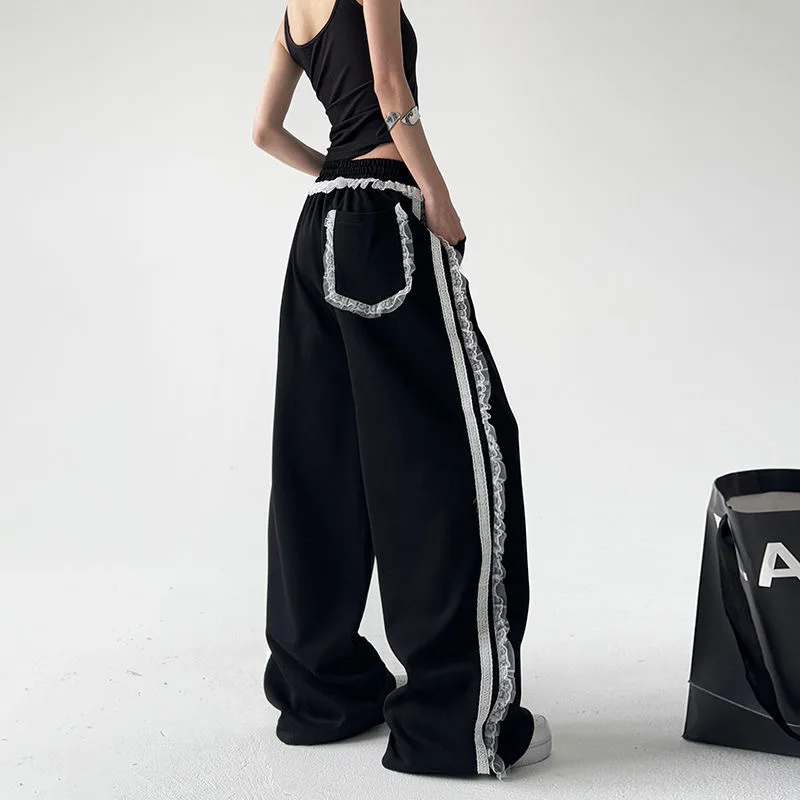 Women Trendy Lace Spliced ​​sports Casual Joggers Pants Summer New Lazy Versatile Pants Street Straight Leg Slim Fit Sweatpants