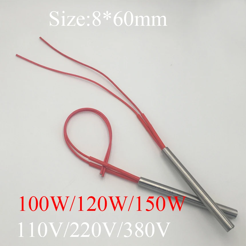 Elemento de Aquecimento de do Tubo do Cilindro Elemento de Aquecimento Único Calefator do Cartucho da Extremidade 8×60 mm 100w 120w 150w C.a. 110v 220v 380v Aço Inoxidável