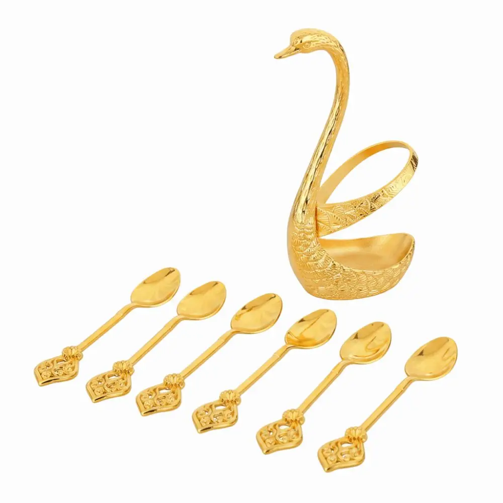 

6Pcs Elegant Swan Fruit Spoon Zinc Alloy with Swan Shaped Base Luxury Dessert Utensils Luxury Creative Dessert Spoon