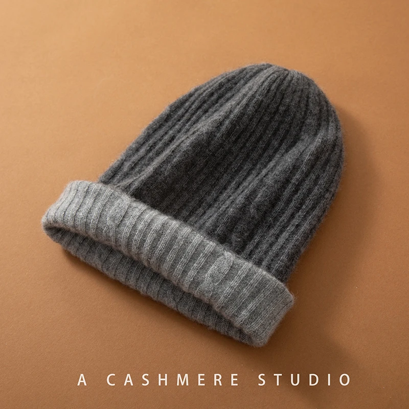 THYFGT Women's Winter Hats 100% Goat Cashmere Knitted Beanies Cap Women Thick Warm Beanie Skullies Hat Solid Hedging Caps