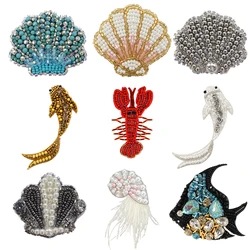 2 pezzi squisito fatto a mano con strass perline paillettes Patch SeaStar Shell Sea Horse gamberetti distintivo cucire cristallo