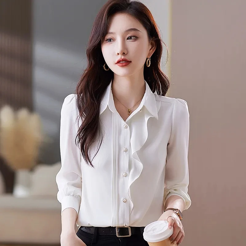 

High-End Imitation Silk Women's Shirts Blouse 2024 Spring Summer Autumn New Lotus Leaf Design Joker Long Sleeved Shirts Tops