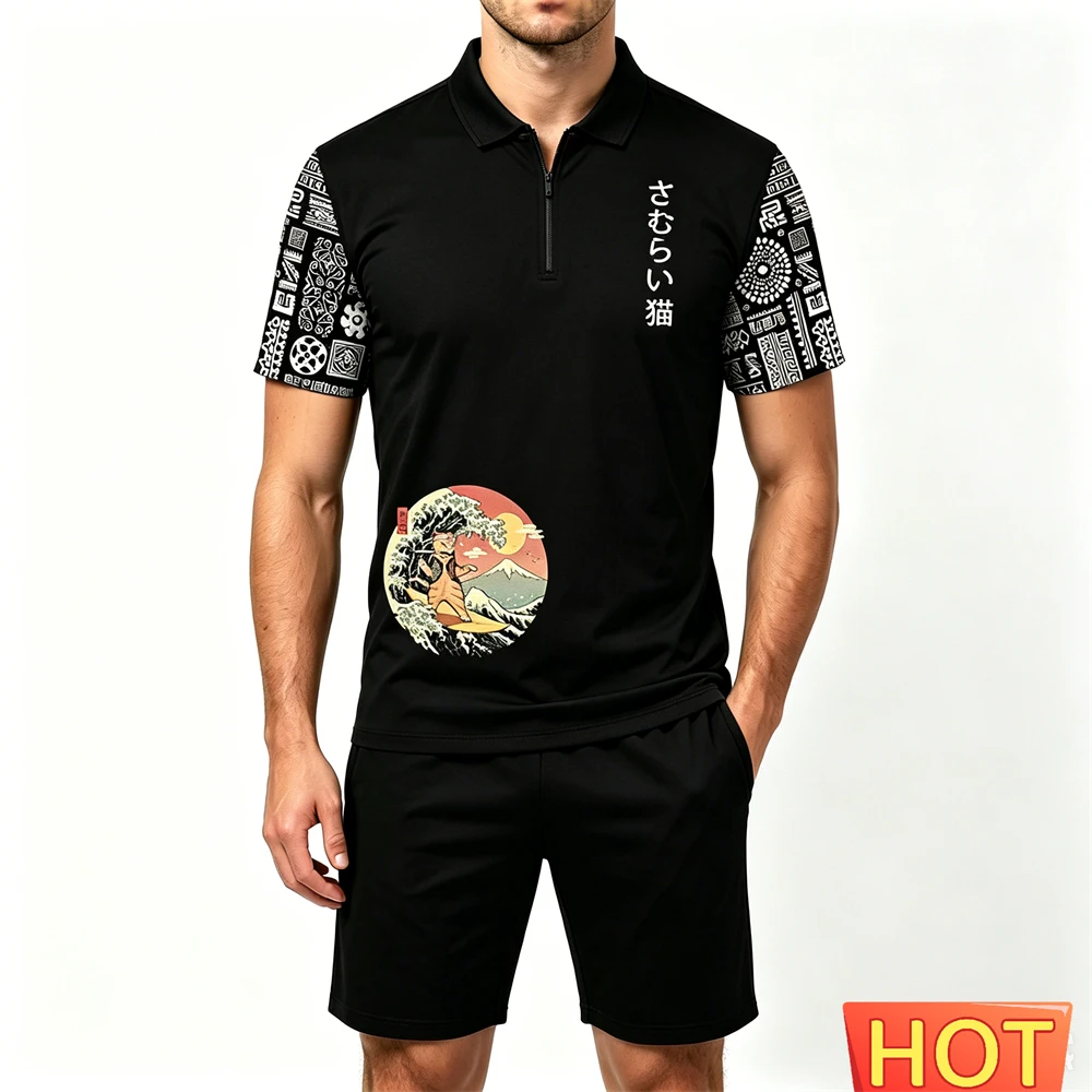 Summer Men's Sets Fashion Zip Short Sleeve Polo Shirt and Shorts 2 Piece Japan Samurai Cat Pattern Man Outfit Casual Loose Suit view 5