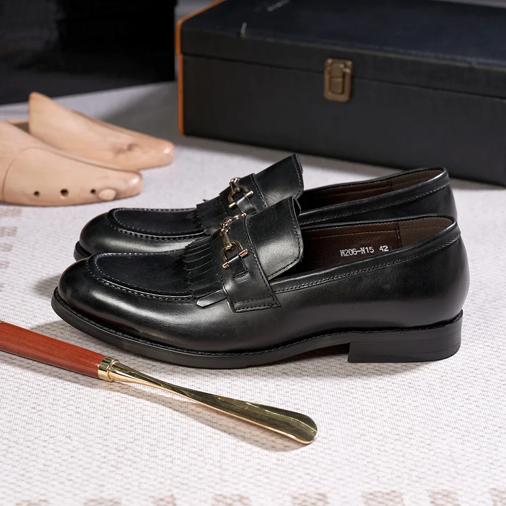 Classic Men's Genuine Leather Loafers Handmade Tassel Slip-On Casual Shoes with Metal Button for Office Wedding Dress Wear
