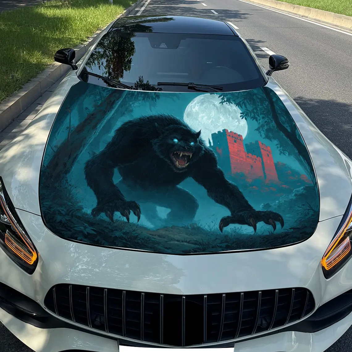 

Night Moon Werewolf Car Hood Stickers, Decorative Scratch Stickers For Car Parts And Accessories, Vinyl Printed Animal Stickers