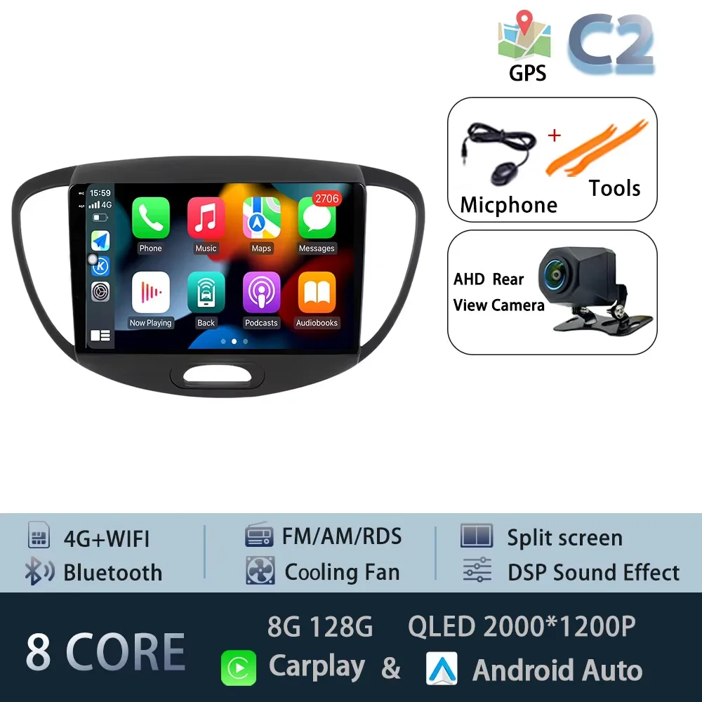 Android 15 Carplay Auto Radio Voor Hyundai I10 2007-2013 CarPlay Auto GPS Recorder Multimedia video Speler 4G + WiFi DSP
