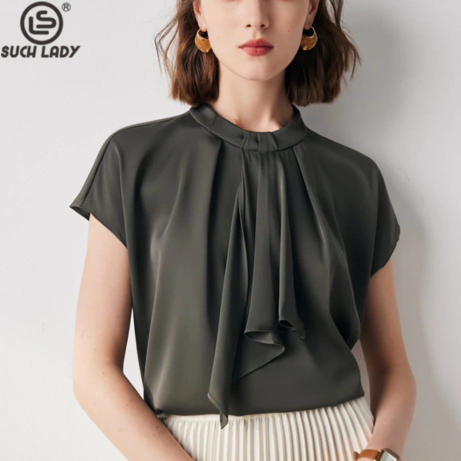 

92% Natural Silk 10% Spandex Women's Blouse Stand Collar Short Sleeves Ruched Elegant Blouse Tops