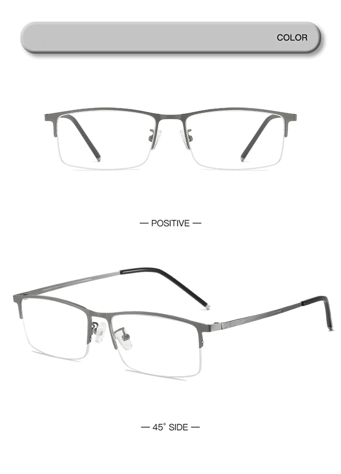 Nicht magnetische, quadratische Kurzsichtigkeitsbrille mit halbem Rahmen für Herren, halbrandlose Kurzsichtigkeitsbrille mit Sehstärke, 0–0,5–0,75 bis–6 – Detail 6