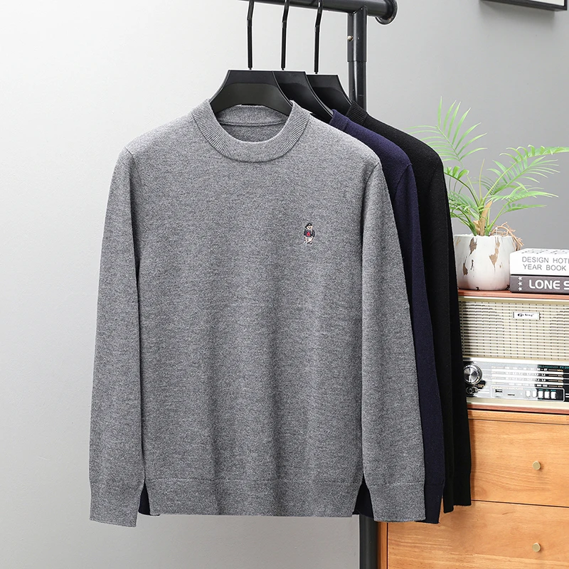 Sheep wool100% Men's autumn high quality long sleeves pullover round neck keep warm embroidery sweater leisure Men's clothing