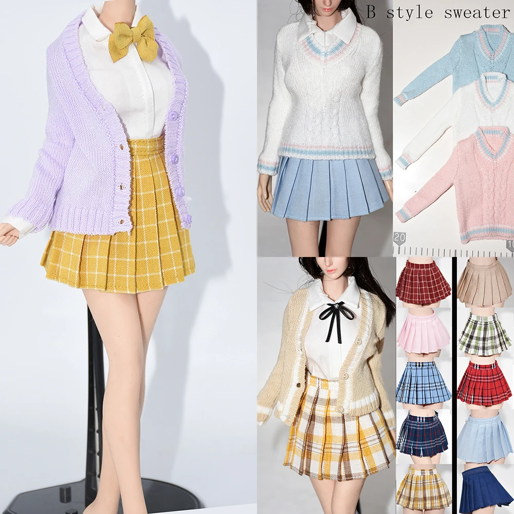 

1/6 Women Soldier Skirt JK High Waist A-Line Mini Pleated Skirt Kawaii Uniform Sweater Cardigan For 12" Action Figure Body