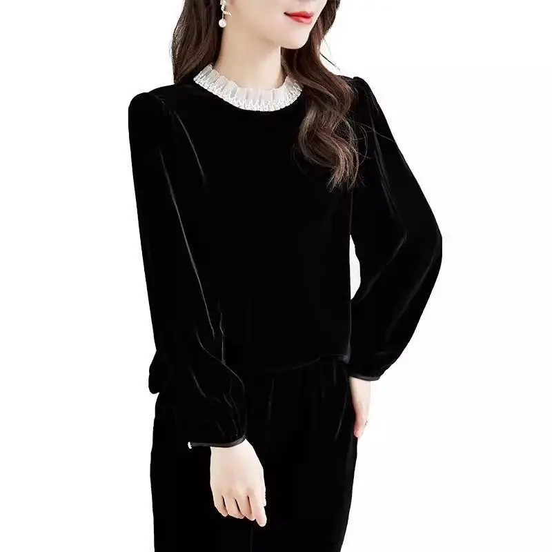 T-shirt patchwork in pizzo allentato temperamento Primavera Autunno Nuovi pullover eleganti a maniche lunghe Top Abbigliamento donna moda vintage