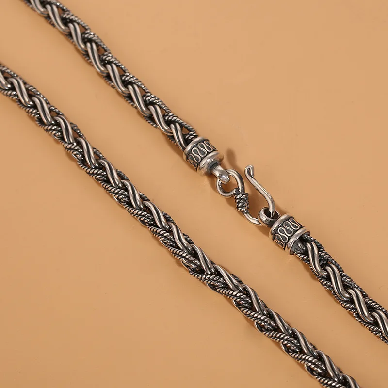 Vintage style S999 sterling silver bracelet necklace 6mm twine hand woven chain men's and women's personality punk jewelry