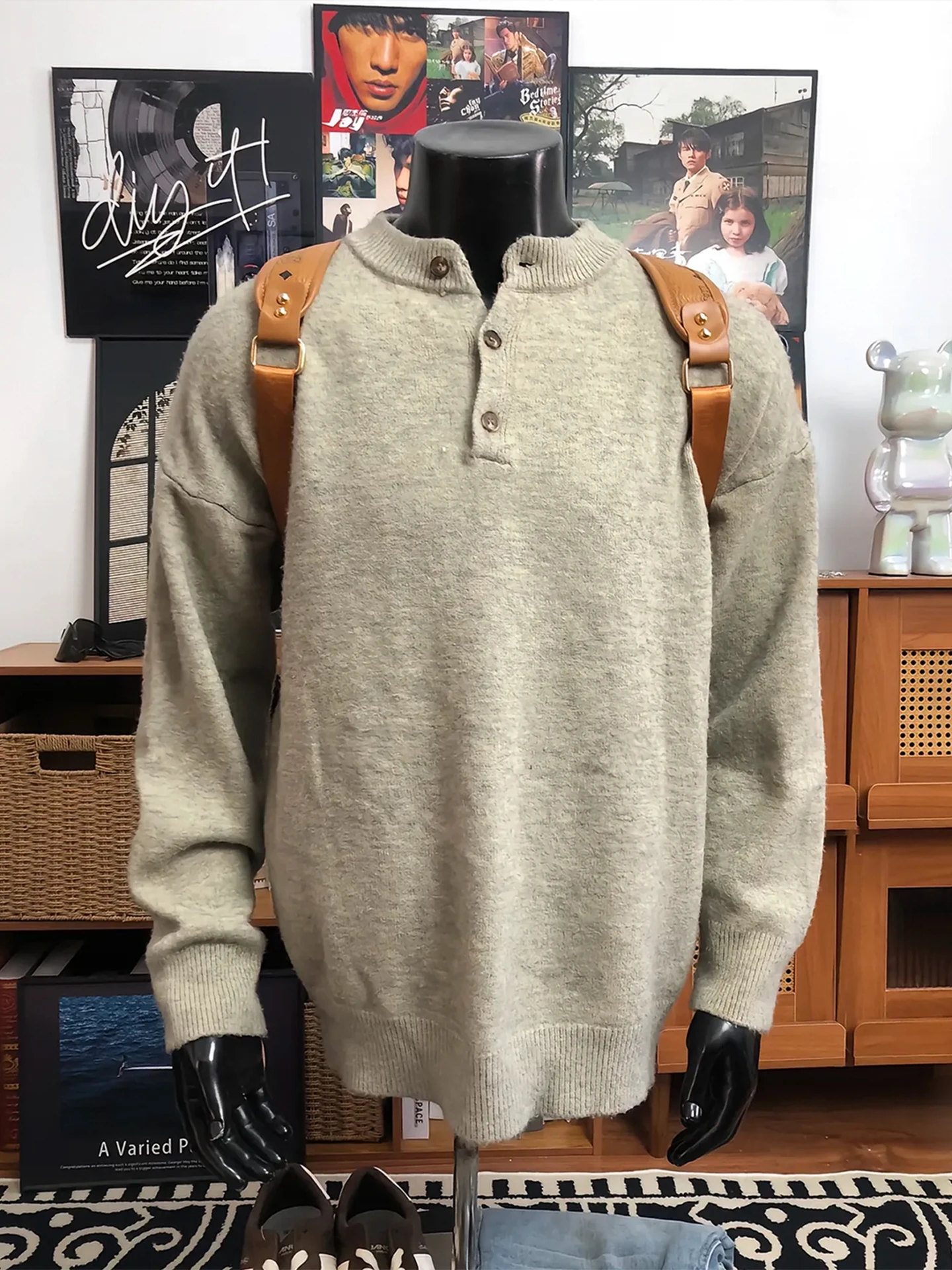 

Мужской свитер Cleanfit Henry Collar: свободный крой, осенне-зимний, в американском ретро-стиле, повседневный, комфортный, с длинными рукавами