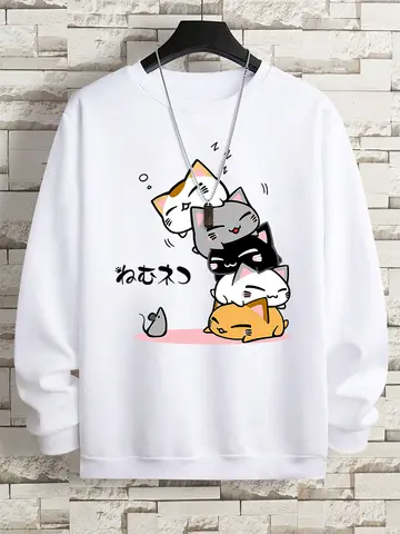 귀여운 쌓인 고양이 수면 의류 남자 Hoody 힙합 o-넥 스웨터 빈티지 캐주얼 루즈 후드 가을 새로운 느슨한 옷