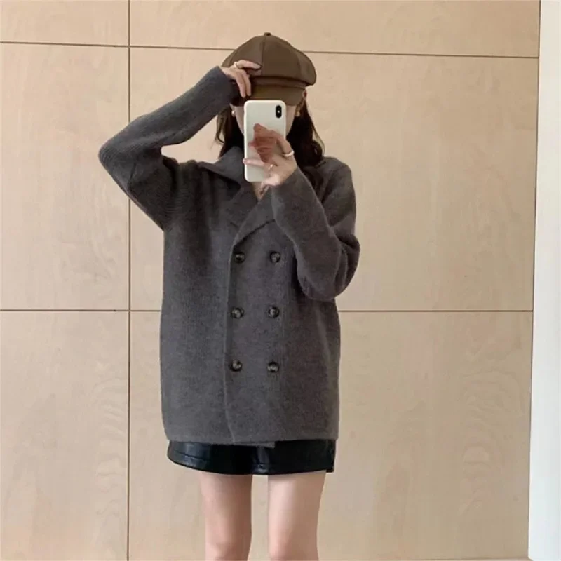 2024 Autumn and Winter New Thickened Cross-border Lapel Knitted Cardigan Korean Version of Loose V-neck Sweater Retro Set