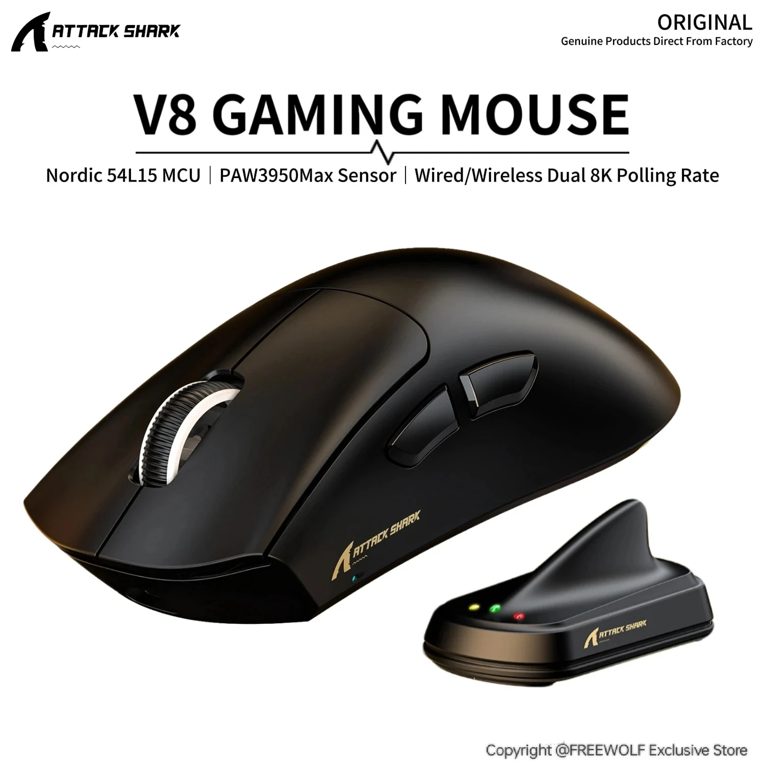 8K Receiver & V8 Wireless Mouse,Attack Shark PAW3950Max Sensor,0.168ms Key Delay and Golden Right Hand Design,Black/White Choice