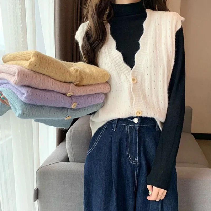 

New Wear Women's Loose High-End Waistcoat Knit Vest Wool V-Neck Solid Color Button Sleeveless Fashion Coat Cardigan Trend R231