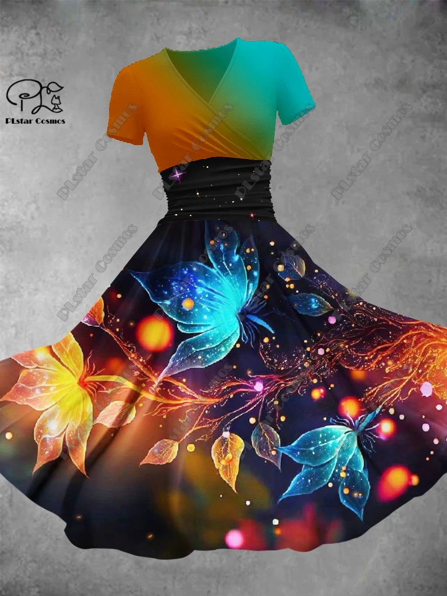 3D printed new Valentine's Day series gradient maple leaf all-over printed V-neck short-sleeved A-line long skirt casual