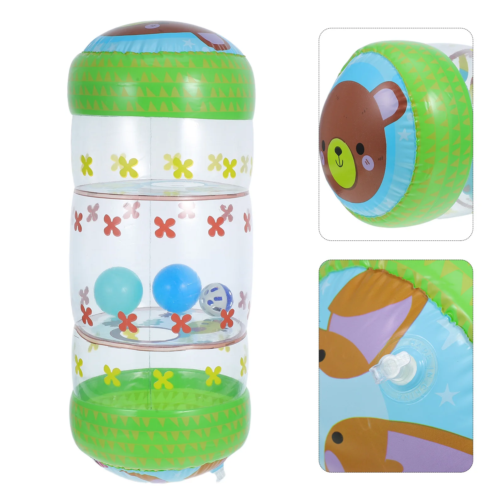 Nadmuchiwany wańka-wstańka dla niemowląt z kulką grzechotką w jasnych kolorach, przezroczystym okienkiem, bezpieczny, wytrzymały, sensoryczny, zabawny, rolujący dzwonek dla dziecka.